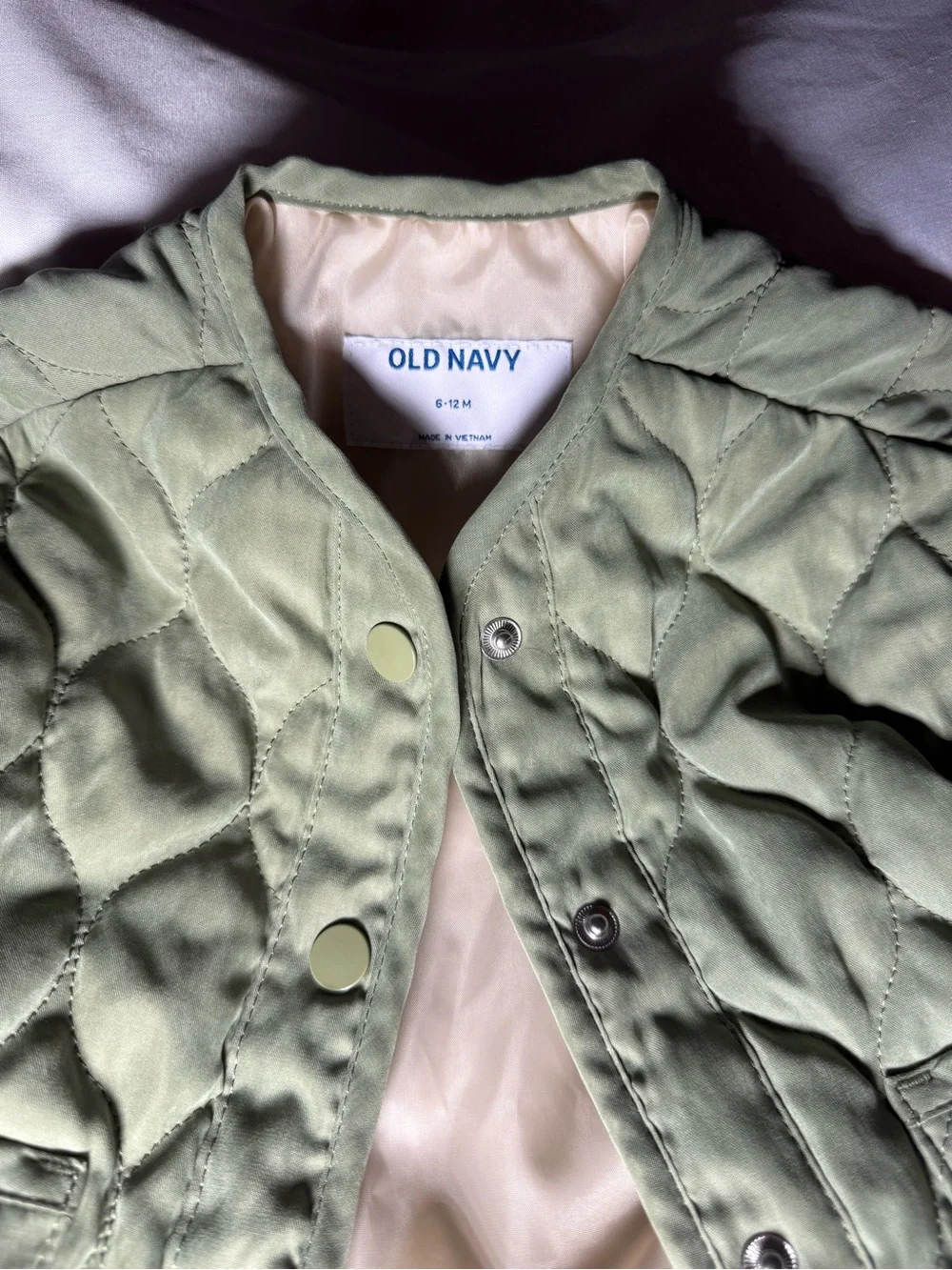 Old Navy Olive Green Quilted Snap-Front Jacket for Baby- 6-12mo
